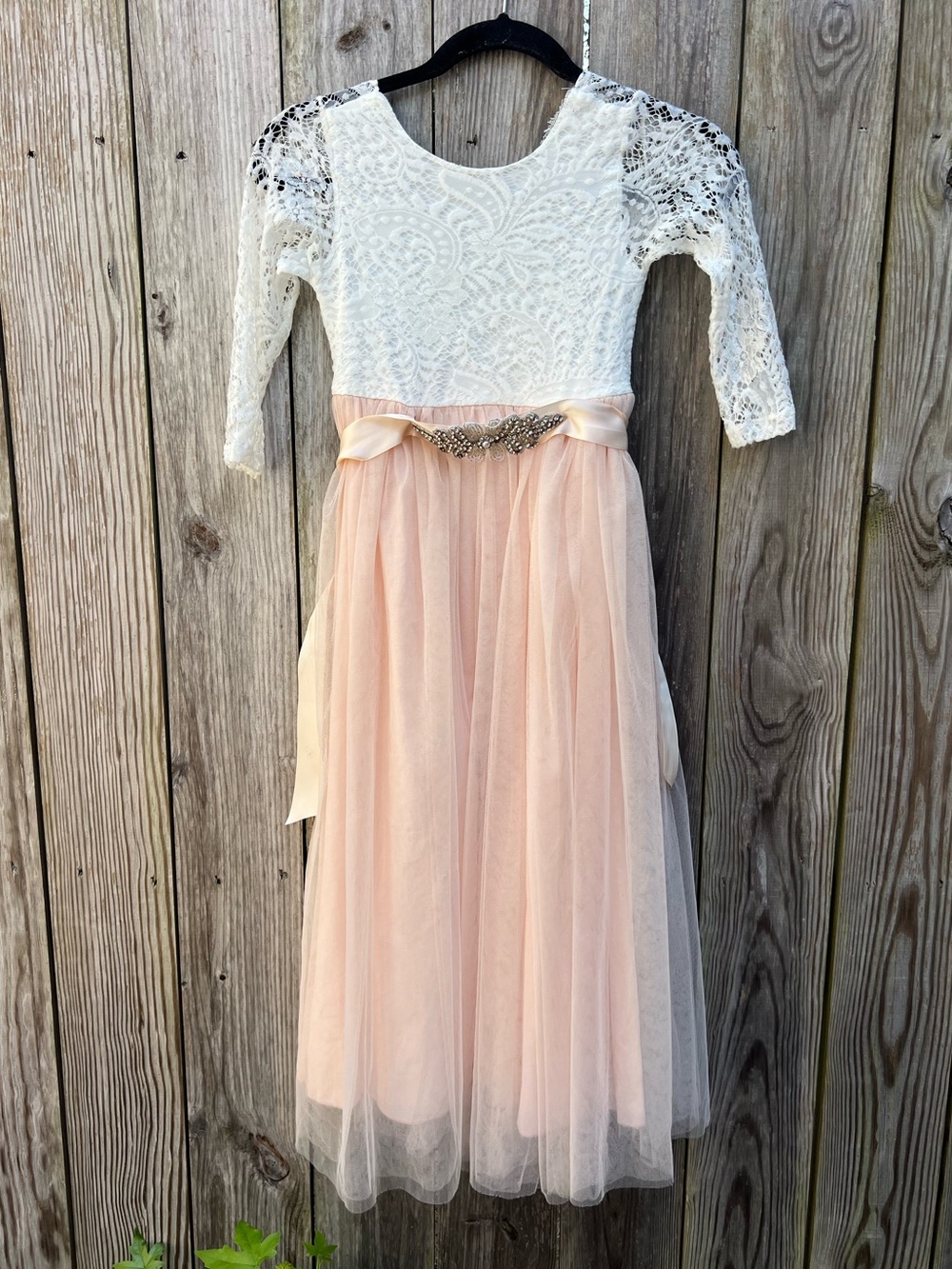 THINK PINk BOW Flower Girl Peach Lace & Tulle Long Sleeve Maxi Dress Girls 6